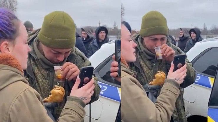 Momentul emoționant în care un soldat rus primește mâncare de la ucraineni