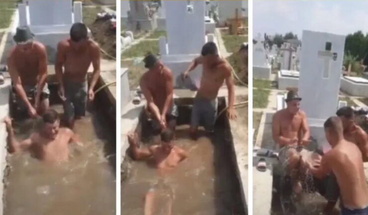 Petrecere în cimitir! Au umplut un cavou cu apă și l-au folosit pe post de piscină. Imaginile au fost postate pe internet, unde au stârnit reacții 25
