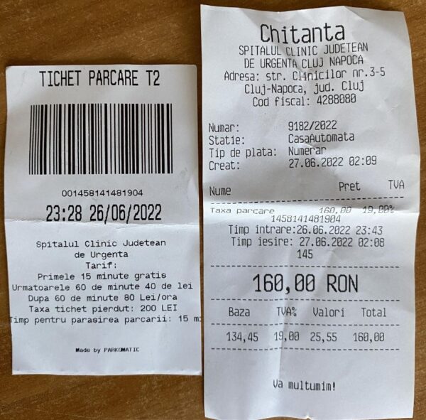 „Rușine. Nu am fost acolo în vacanță!”. Cât a plătit un clujean parcarea la Spitalul Județean de Urgență Cluj-Napoca 26 Taxa parcare spital Cluj Napoca