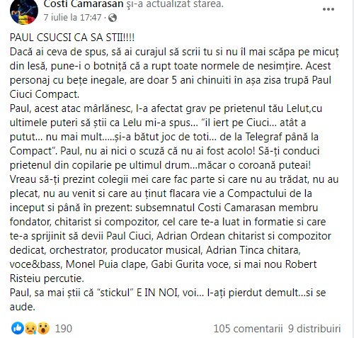 SCANDALUL din trupa Compact continuă şi după moartea lui Leluț Vasilescu: "Are nevoie de lecitină" 26 compact