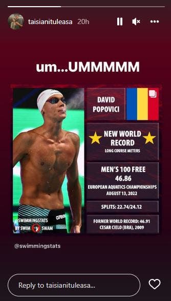 Iubita lui David Popovici, mesaj după ce acesta a devenit cel mai rapid înotător din lume la proba de 100 de metri liber