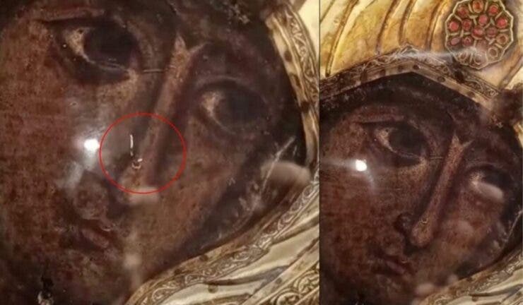 VIDEO O icoană făcătoare de minuni adusă de la Muntele Athos într-o biserică din Sibiu a început să „plângă” cu mir