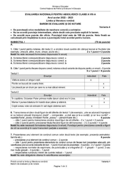Care sunt subiectele și baremele la Limba română