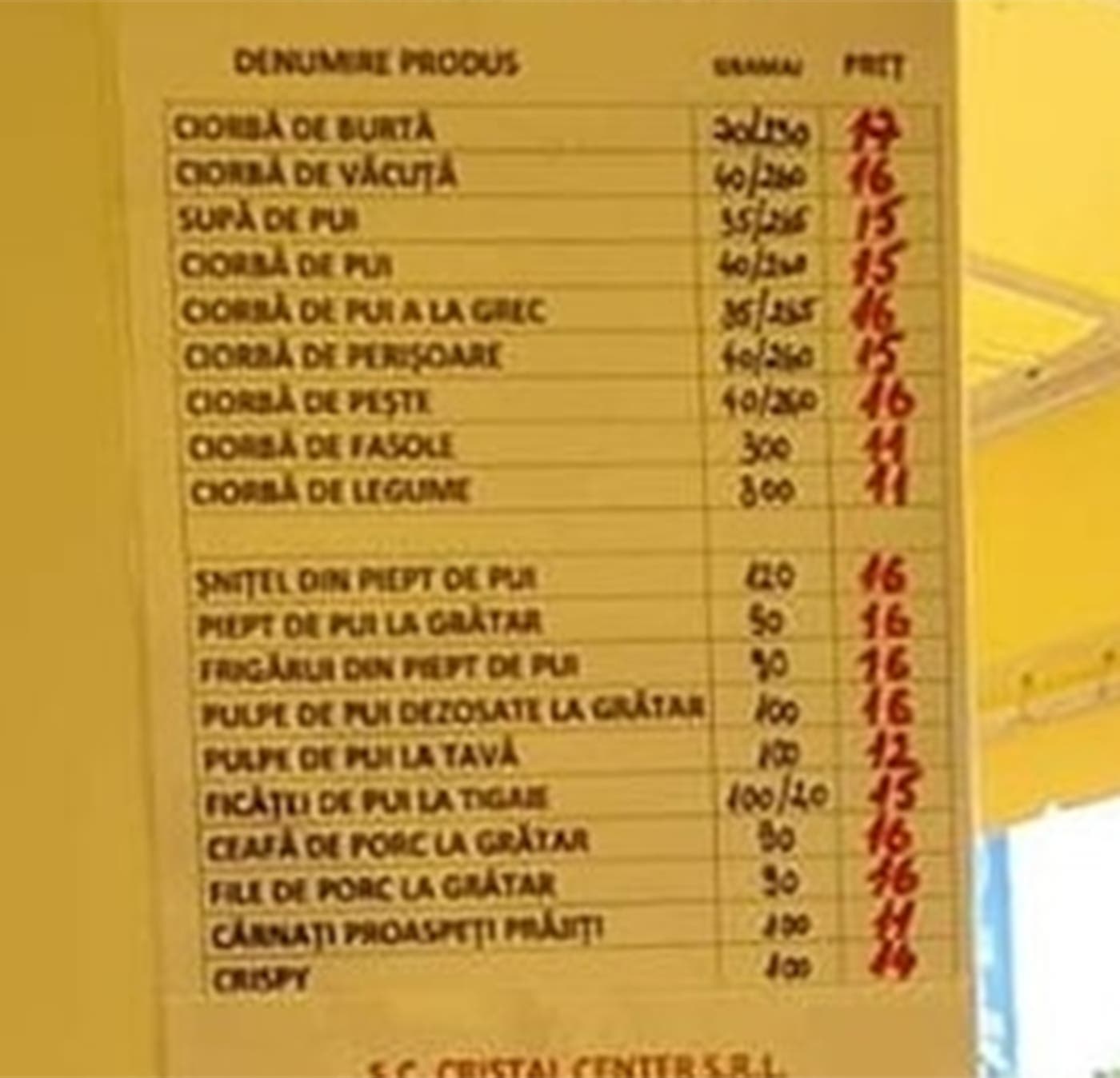 Lista prețurilor dintr-un restaurant din Eforie Nord