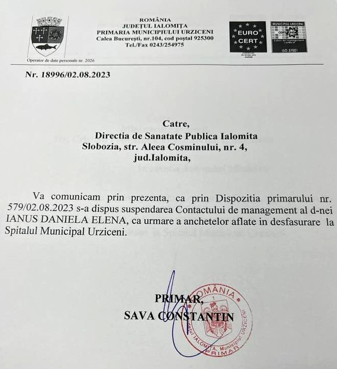 Lovitură sub centură pentru managerul spitalului din Urziceni. Daniela Ianuș a fost suspendată din funcție 26 cazul spitalului urziceni