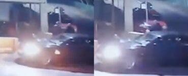 Șoferul unui BMW fură cartofi din fața unui magazin.