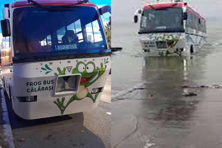 Primul autobuz din România care merge și pe apă și pe uscat.