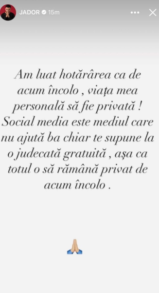 Mesajul postat de Jador. Sursă foto: Instagram