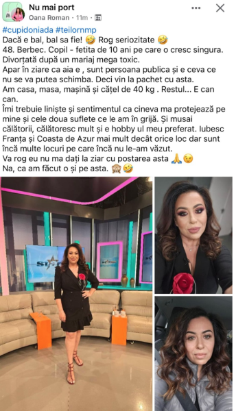 Ce condiții trebuie să îndeplinească viitorul partener al Oanei Roman. Sursă foto: Facebook