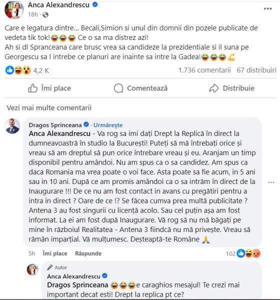 Conversația dintre Alexandrescu și Sprînceană pe Facebook