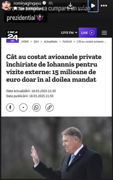 Reacția Rominei Gingașu după ce a aflat cât a cheltuit Iohannis pe zboruri private. Ce a avut de spus cea mai bogată româncă 26 Foto: Instagram Romina Gingașu