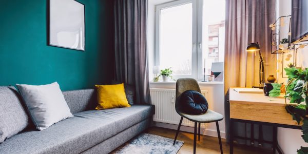 Interior of small apartment living room for home office.