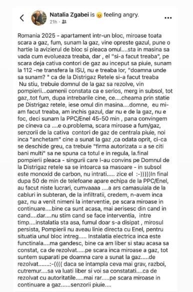 Postare locatar bloc explozie. Foto: Facebook