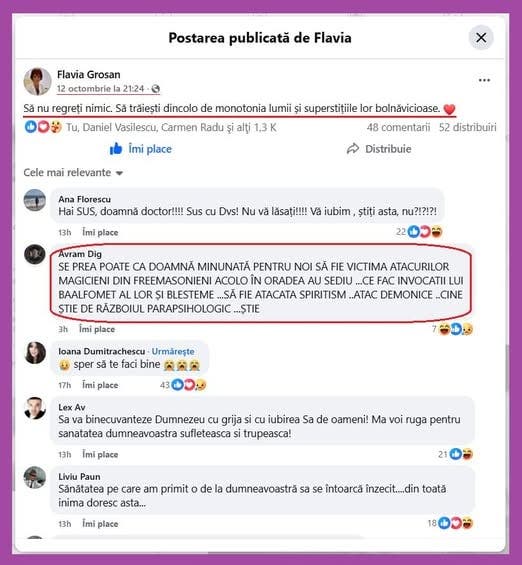 Ultima postare a Flaviei Groșan. Foto: Facebook
