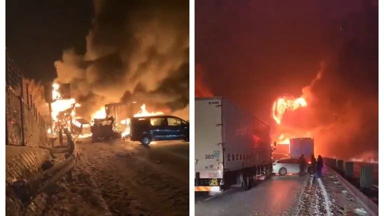 Carambol uriaș pe o autostradă înzăpezită. 67 de mașini implicate și incendiu violent în Japonia