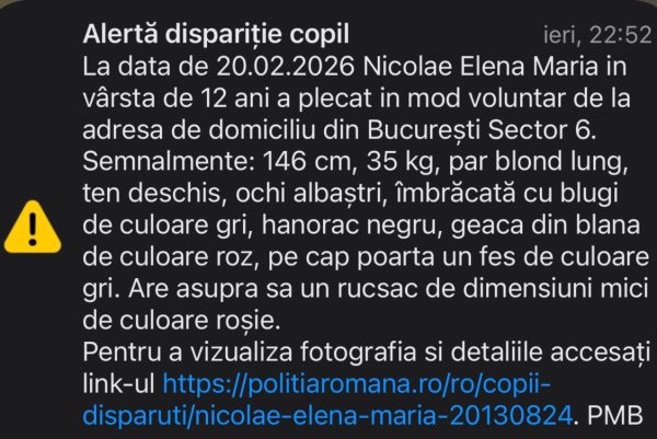 Fetiță de 12 ani dată dispărută. Autoritățile au activat sistemul Ro-Alert 26 Disparitie