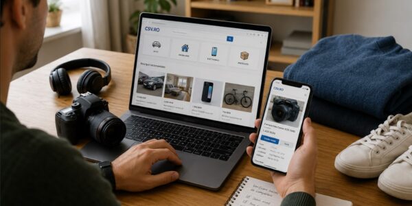 Persoană care verifică un anunț online înainte să cumpere un produs second hand