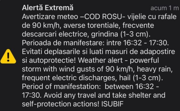Cod roșu de vreme severă! Vijelii puternice și grindină lovesc mai multe zone din țară. Și Capitala e afectată 26 avertizare vreme rea