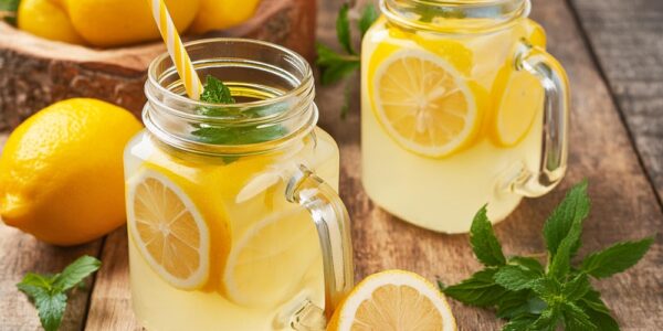 limonadă de casă cu lămâie și mentă în două borcane de sticlă