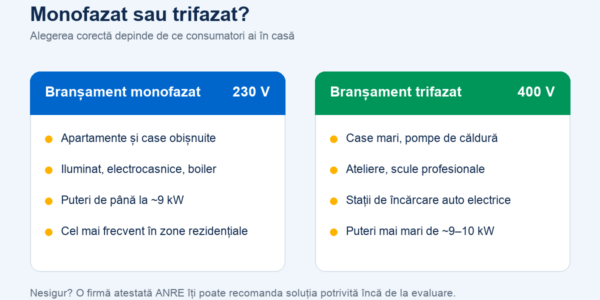diferențele dintre branșamentul monofazat (230V) și cel trifazat (400V)