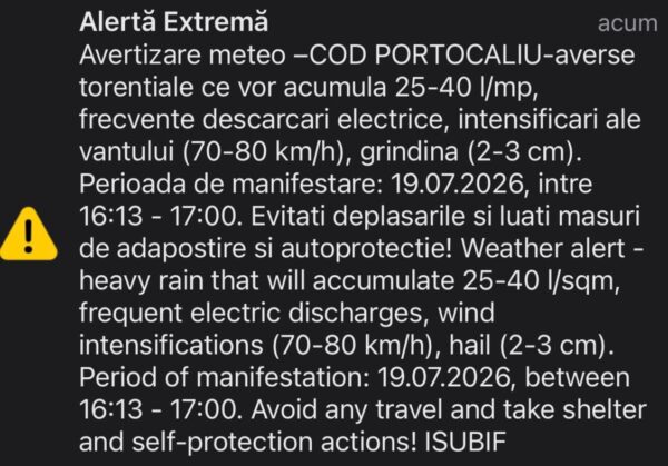 Cod portocaliu de furtuni puternice în România. Zonele afectate de vijelii, ploi torențiale și grindină de mari dimensiuni 26 ALERTĂ ANM