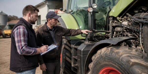 Fermier și mecanic care verifică un utilaj agricol second-hand