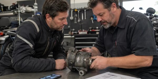 Motociclist care verifică o piesă moto second-hand înainte de cumpărare