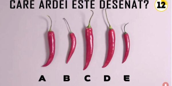 Test vizual: cinci ardei iuți roșii notați A, B, C, D și E, dintre care unul este desenat