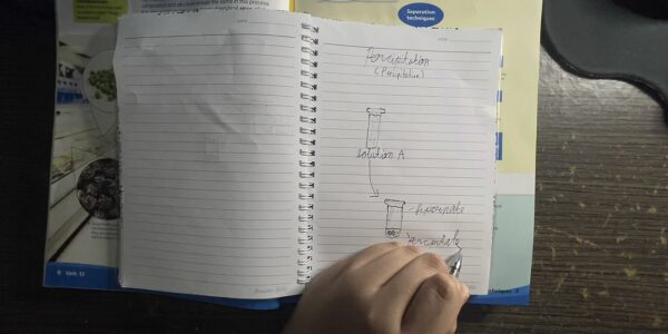 Test de limba română: o mână scrie într-un caiet